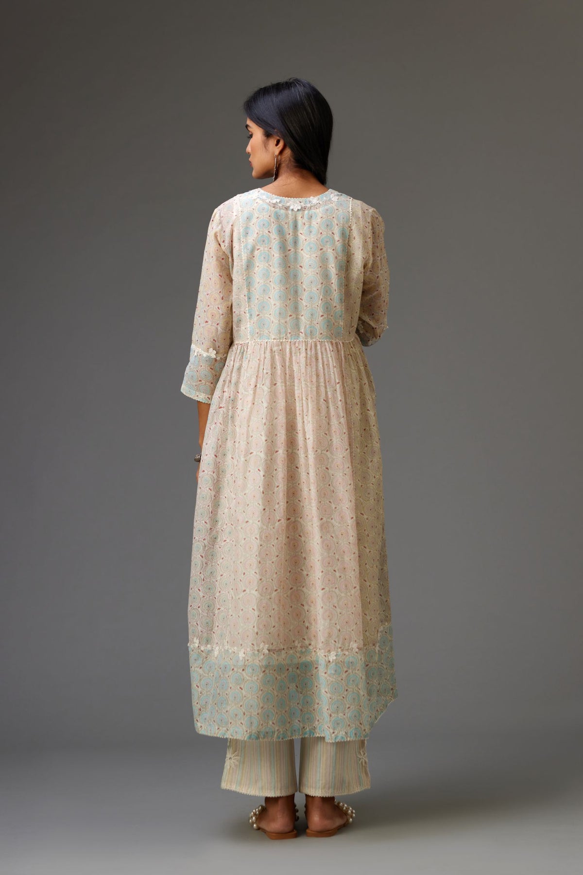 Mixed print hand-block printed easy fit straight kurta set with thread and chiffon embroidery flowers.