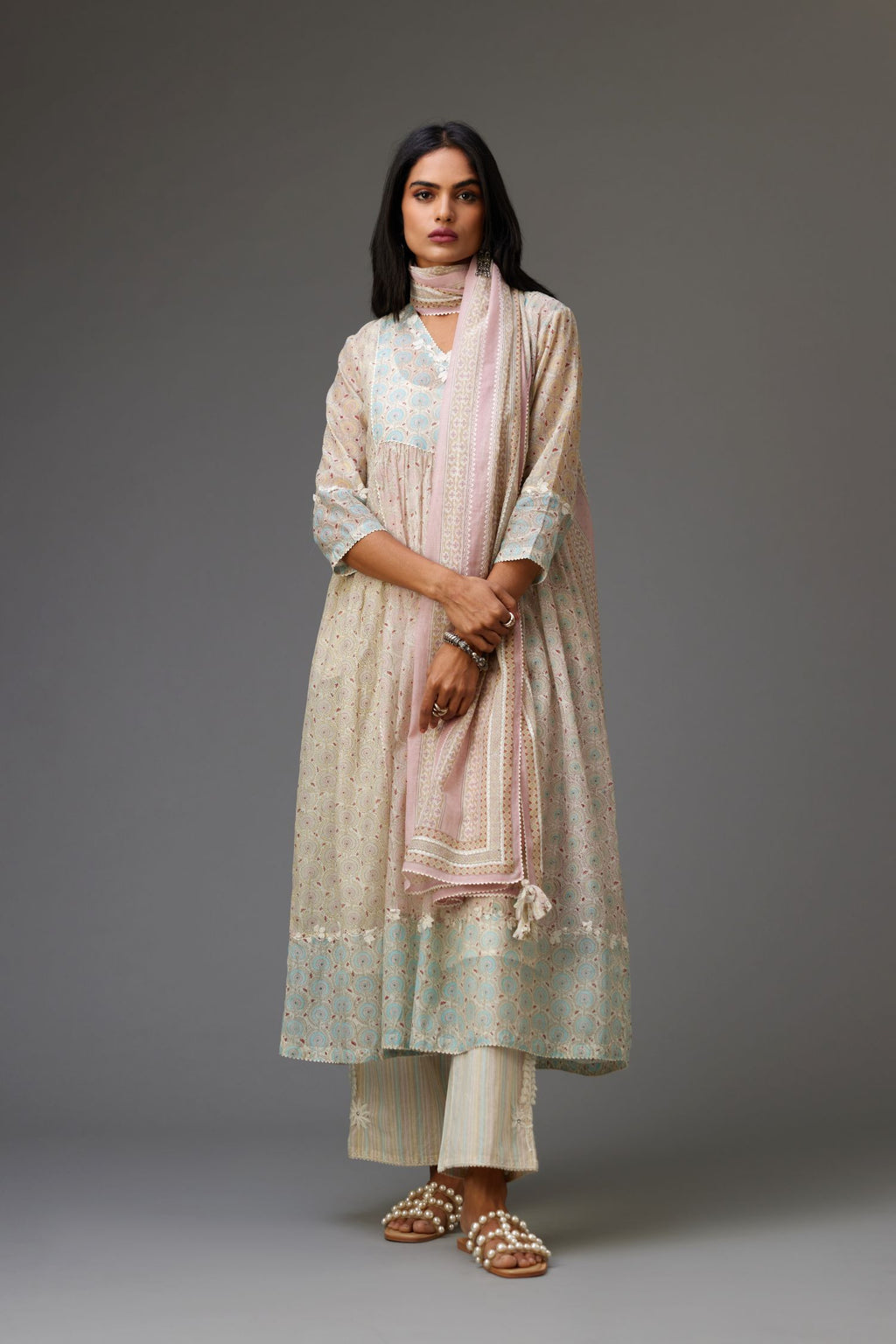 Mixed print hand-block printed easy fit straight kurta set with thread and chiffon embroidery flowers.
