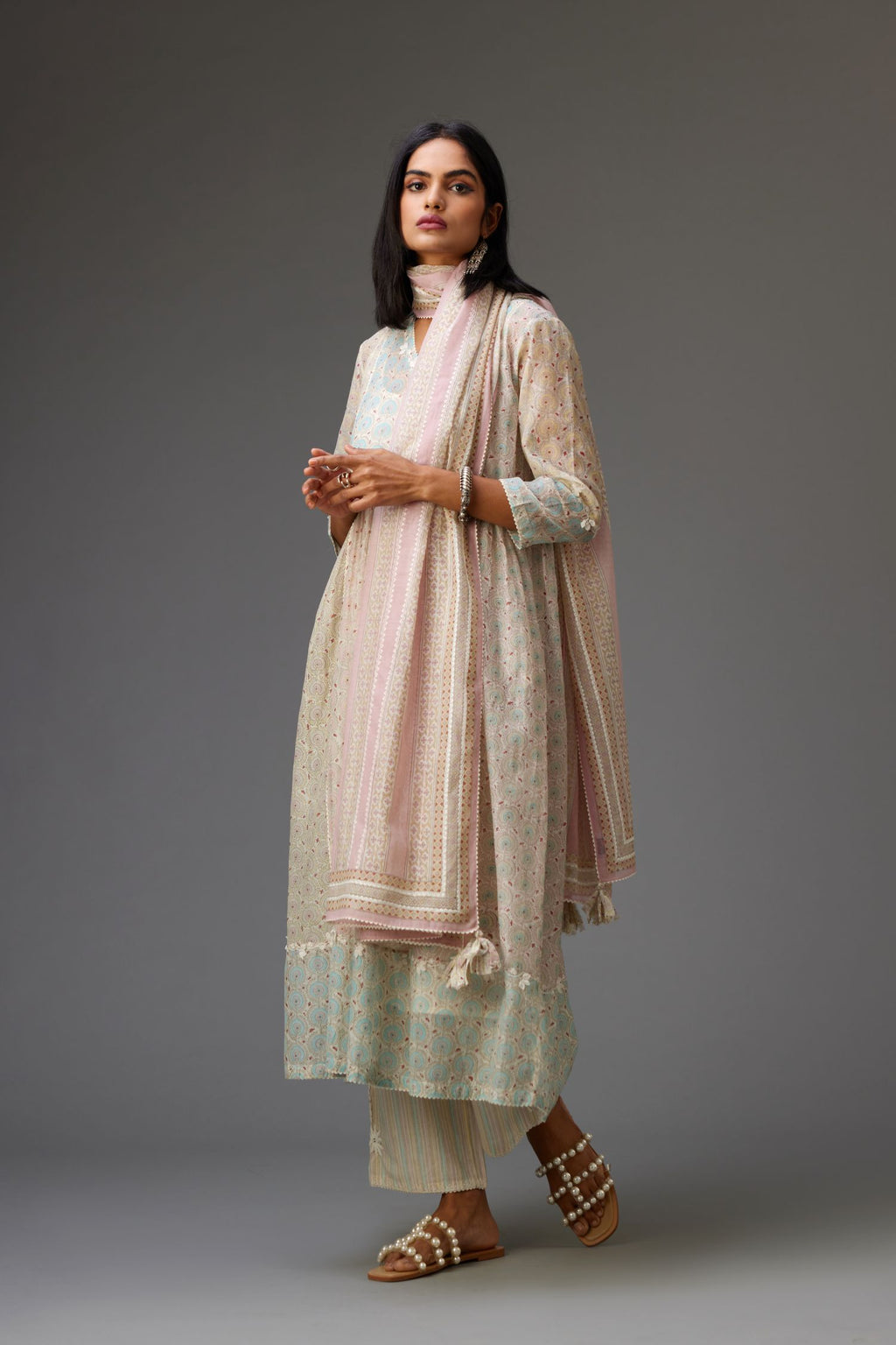 Mixed print hand-block printed easy fit straight kurta set with thread and chiffon embroidery flowers.