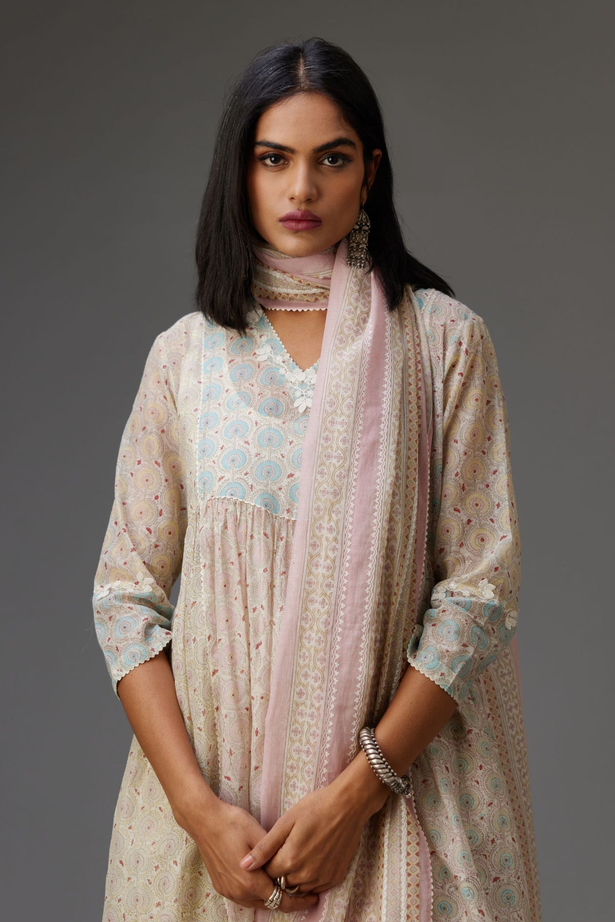 Mixed print hand-block printed easy fit straight kurta set with thread and chiffon embroidery flowers.