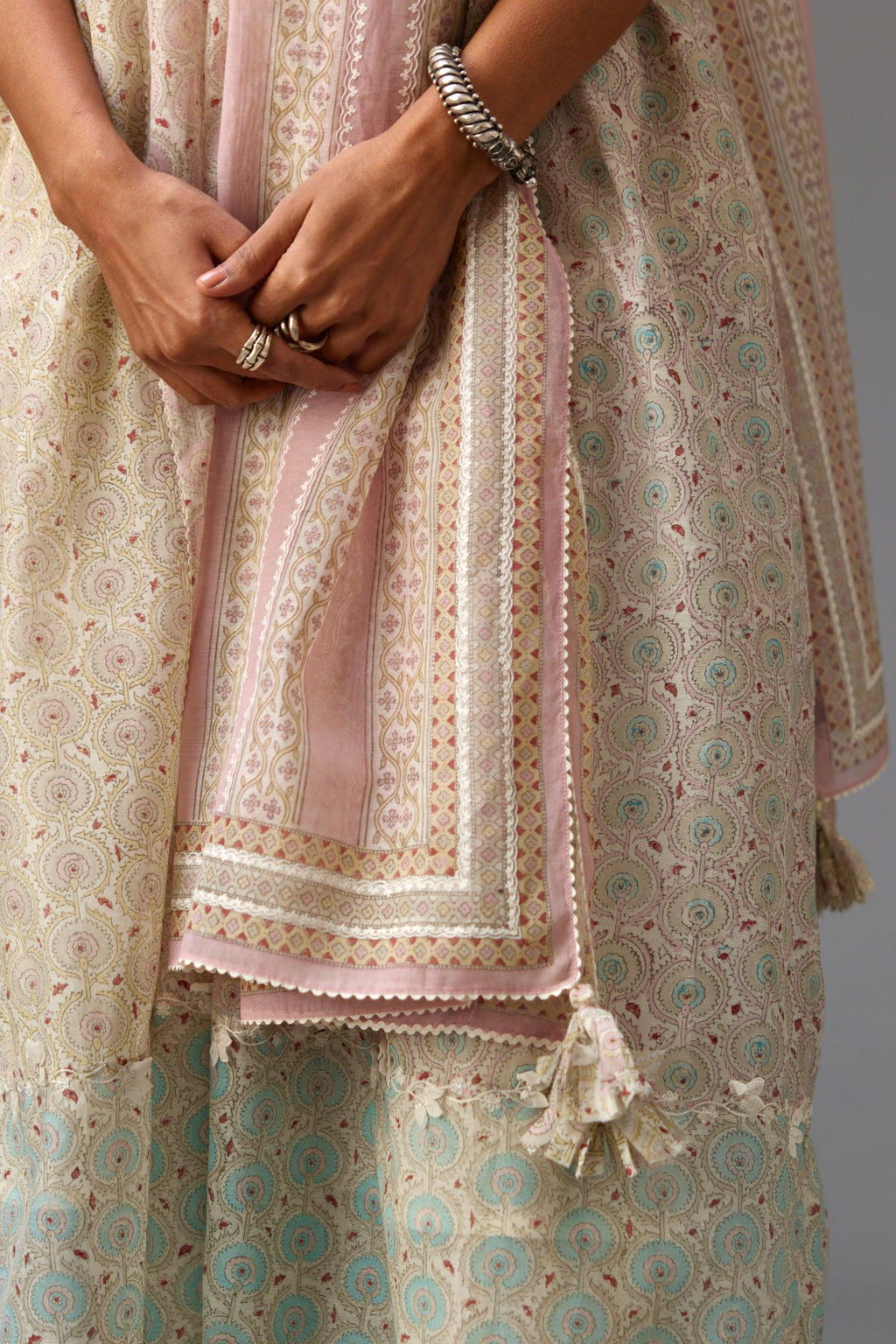Mixed print hand-block printed easy fit straight kurta set with thread and chiffon embroidery flowers.