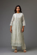 Silk chanderi blue and grey hand block printed straight kurta set highlighted with pin tucks at yoke.