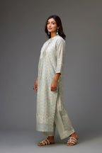 Silk chanderi blue and grey hand block printed straight kurta set highlighted with pin tucks at yoke.