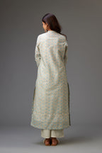 Silk chanderi blue and grey hand block printed straight kurta set highlighted with pin tucks at yoke.