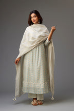 Silk chanderi blue and grey hand block printed straight kurta set highlighted with pin tucks at yoke.