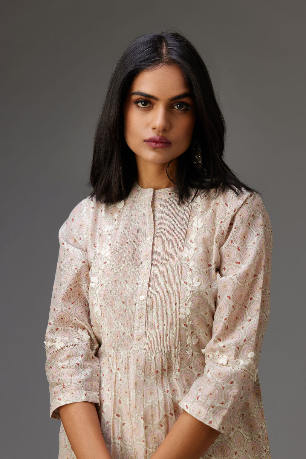 Silk chanderi blue and grey hand block printed straight kurta set highlighted with pin tucks at yoke.