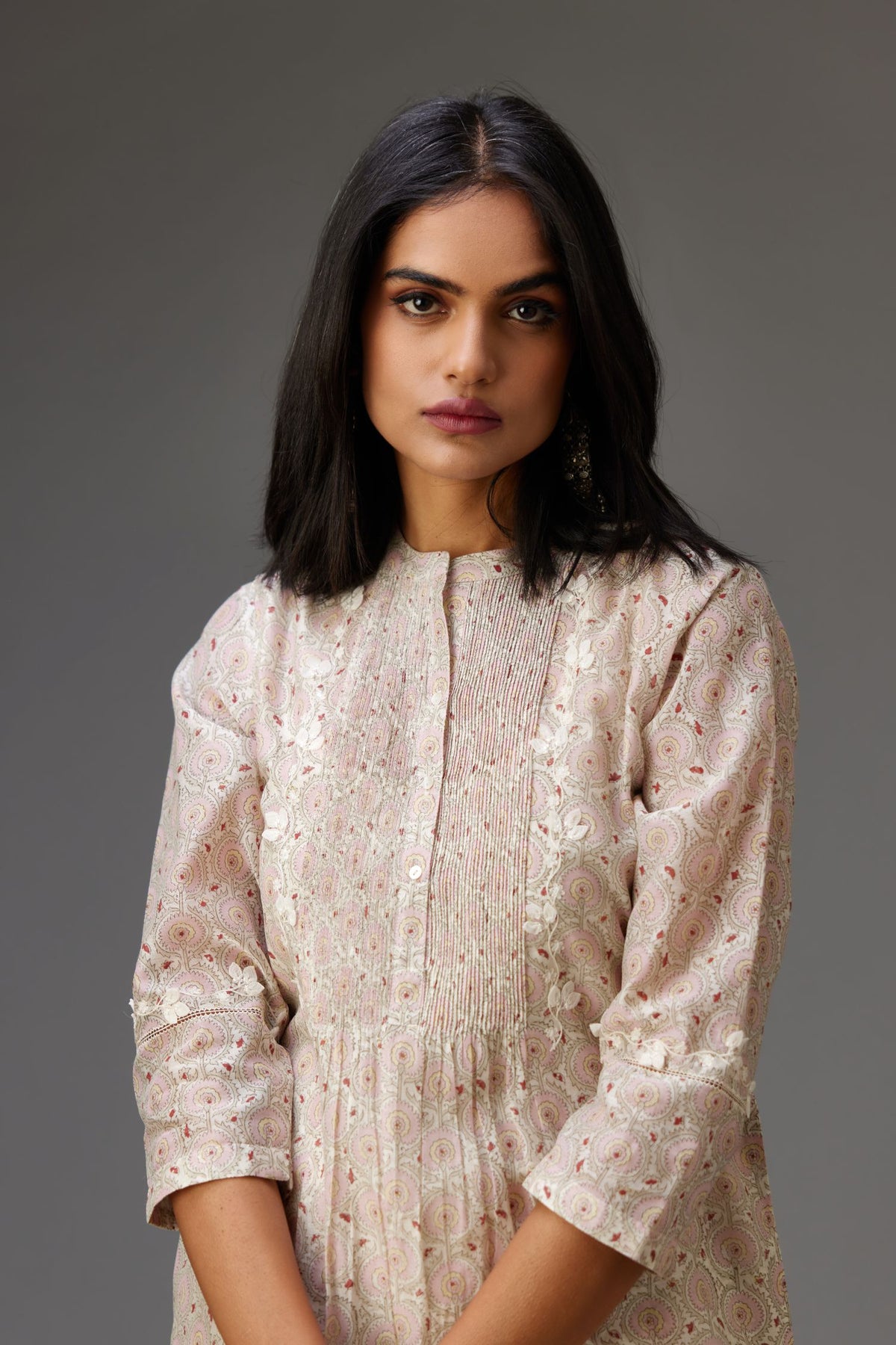 Silk chanderi blue and grey hand block printed straight kurta set highlighted with pin tucks at yoke.