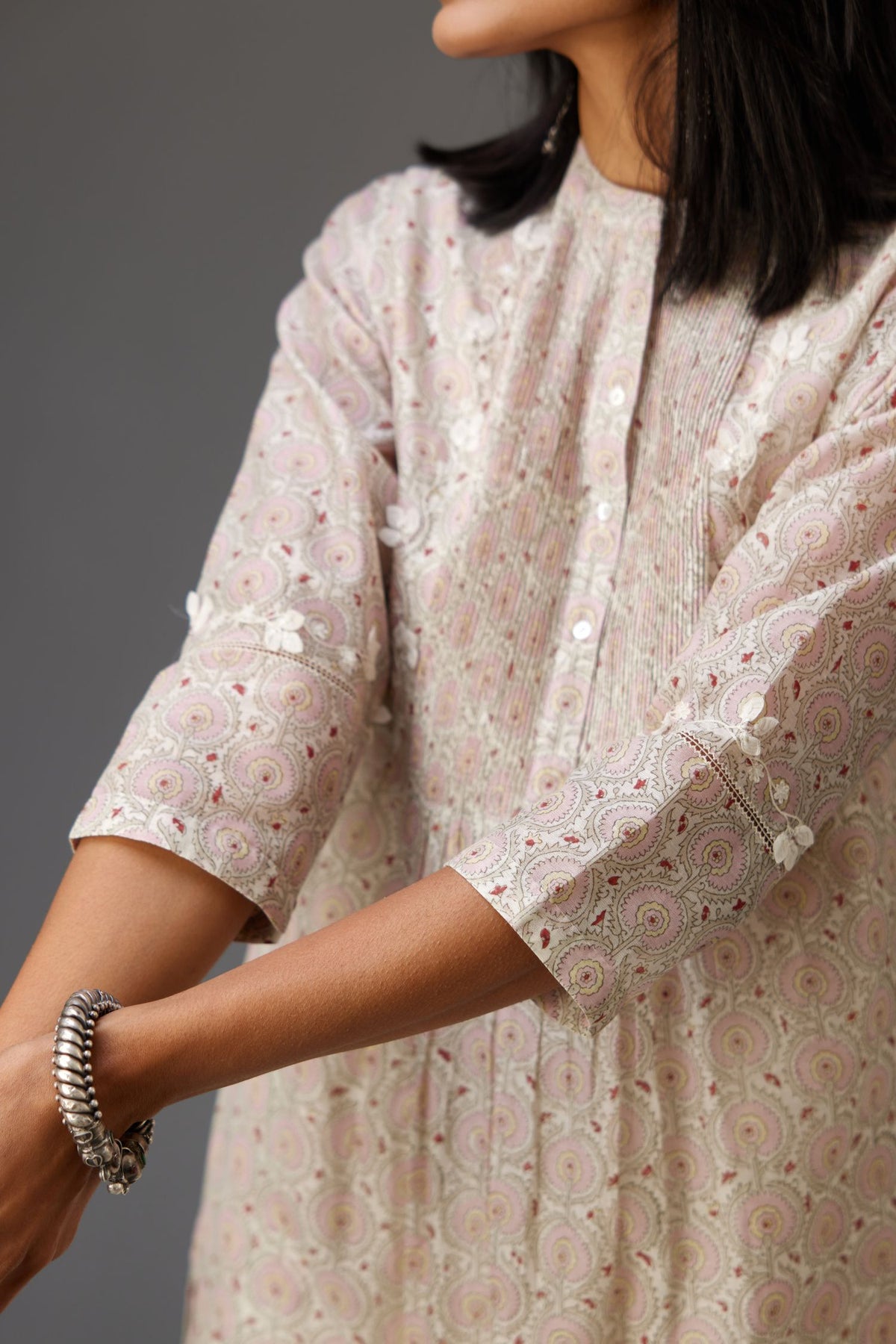 Silk chanderi blue and grey hand block printed straight kurta set highlighted with pin tucks at yoke.