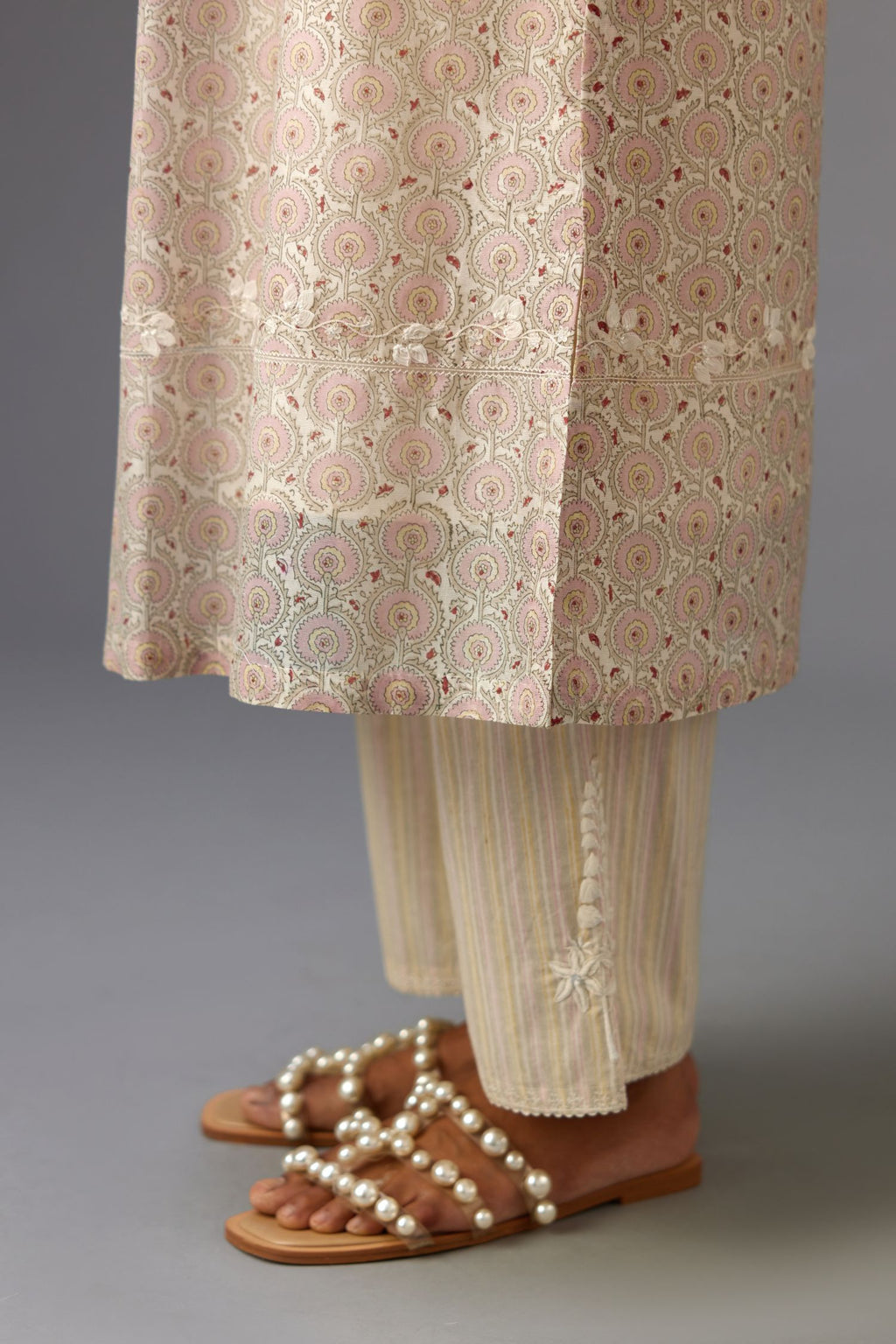 Silk chanderi blue and grey hand block printed straight kurta set highlighted with pin tucks at yoke.