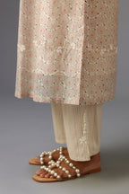 Silk chanderi blue and grey hand block printed straight kurta set highlighted with pin tucks at yoke.