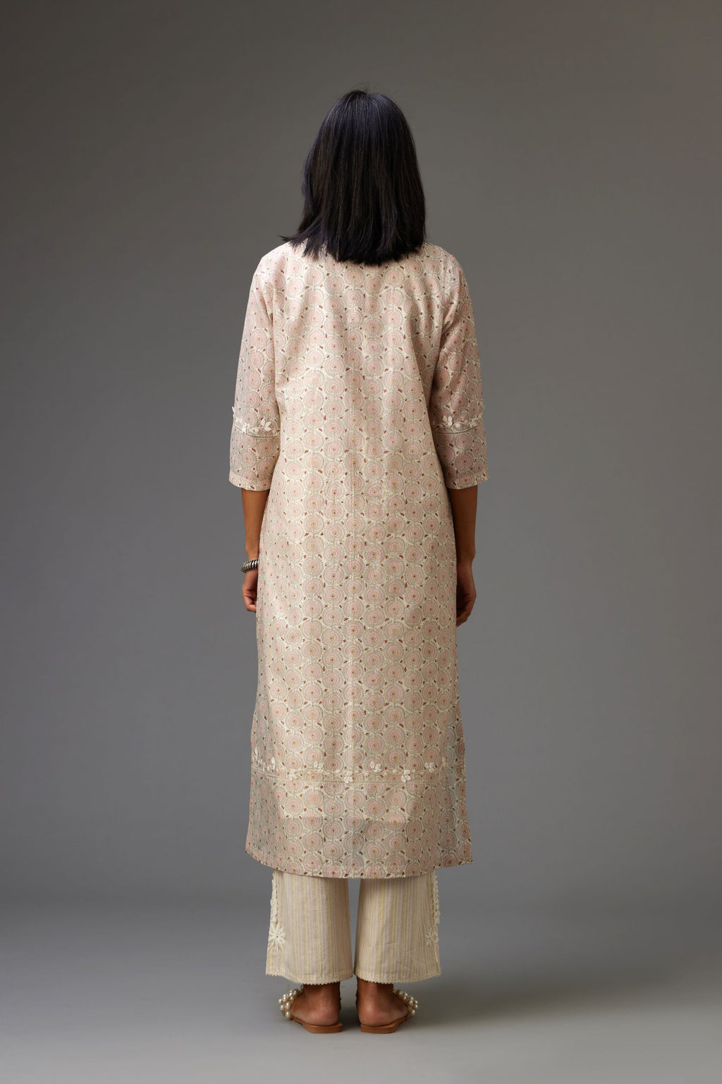 Silk chanderi blue and grey hand block printed straight kurta set highlighted with pin tucks at yoke.