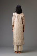 Silk chanderi blue and grey hand block printed straight kurta set highlighted with pin tucks at yoke.
