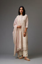 Silk chanderi blue and grey hand block printed straight kurta set highlighted with pin tucks at yoke.