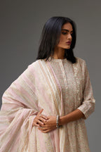 Pink & grey hand block printed Cotton Chanderi dupatta, with embroidery and ric-rac lace.