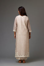 Pink and grey Silk Chanderi hand-block printed kurta set with appliqué embroidery, highlighted with lace and sequins.