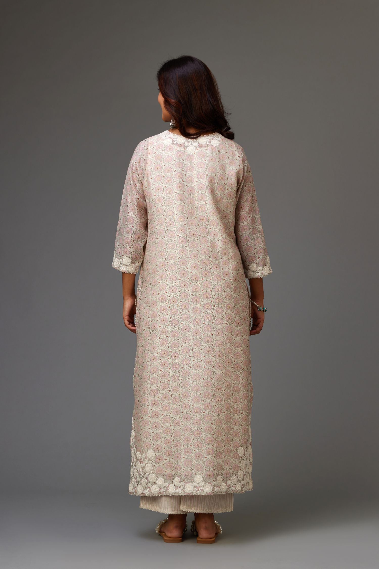 Pink and grey Silk Chanderi hand-block printed kurta set with appliqué embroidery, highlighted with lace and sequins.