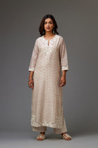 Pink and grey Silk Chanderi hand-block printed kurta set with appliqué embroidery, highlighted with lace and sequins.