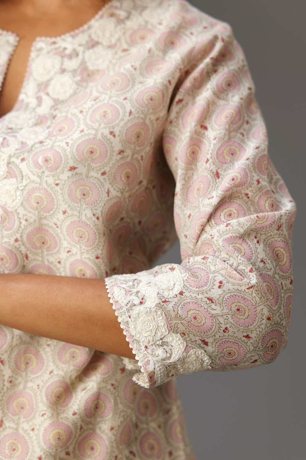 Pink and grey Silk Chanderi hand-block printed kurta set with appliqué embroidery, highlighted with lace and sequins.