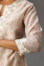 Pink and grey Silk Chanderi hand-block printed kurta set with appliqué embroidery, highlighted with lace and sequins.