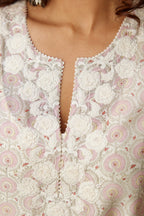 Pink and grey Silk Chanderi hand-block printed kurta set with appliqué embroidery, highlighted with lace and sequins.