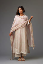 Pink and grey Silk Chanderi hand-block printed kurta set with appliqué embroidery, highlighted with lace and sequins.