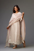 Pink and grey Silk Chanderi hand-block printed kurta set with appliqué embroidery, highlighted with lace and sequins.
