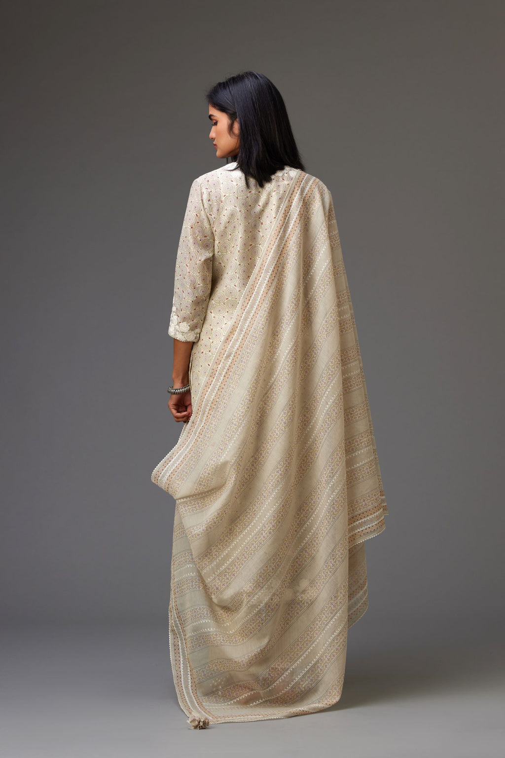 Beige & grey hand block printed Cotton Chanderi dupatta, with embroidery and ric-rac lace.