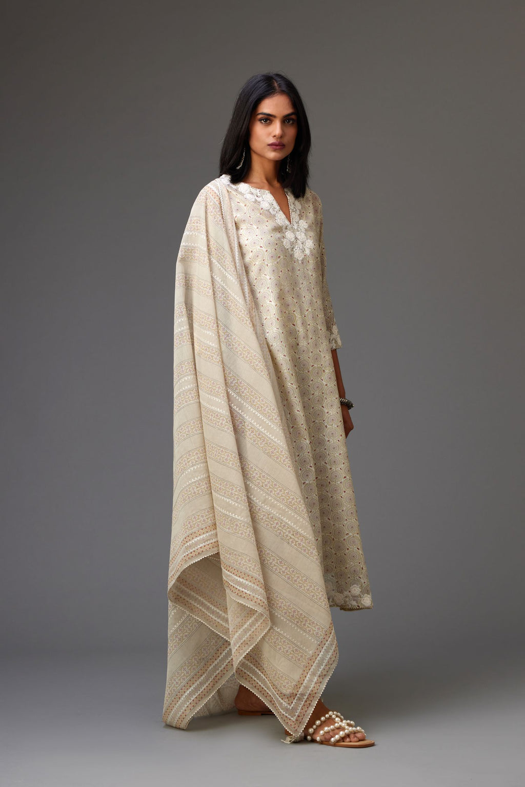 Beige & grey hand block printed Cotton Chanderi dupatta, with embroidery and ric-rac lace.