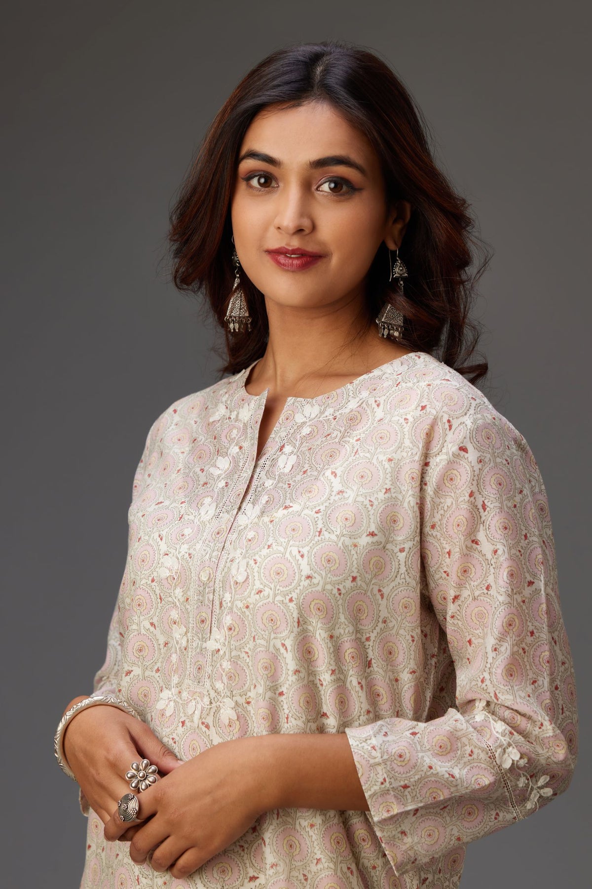 Silk chanderi hand-block printed straight kurta set with sequins work and chiffon flower embroidery.