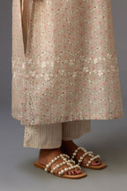 Silk chanderi hand-block printed straight kurta set with sequins work and chiffon flower embroidery.