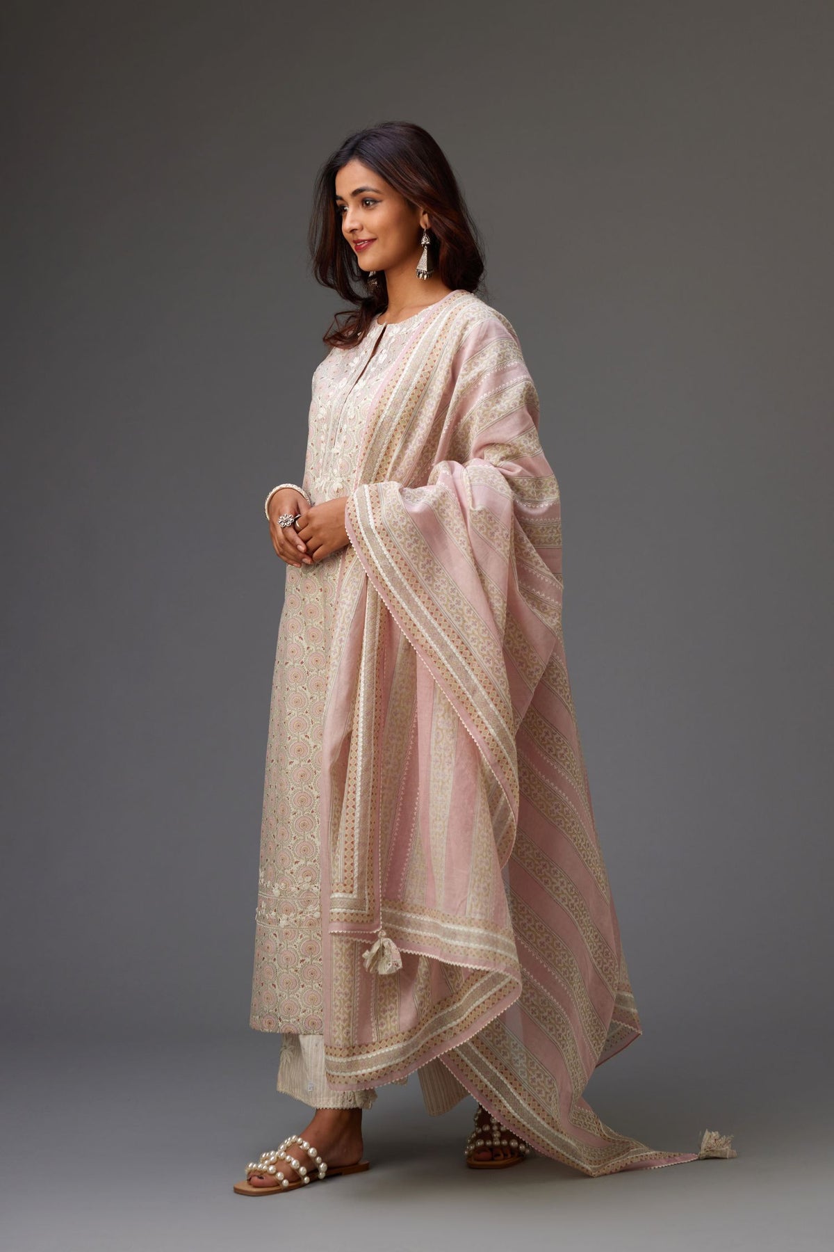 Pink & grey hand block printed Cotton Chanderi dupatta, with embroidery and ric-rac lace.