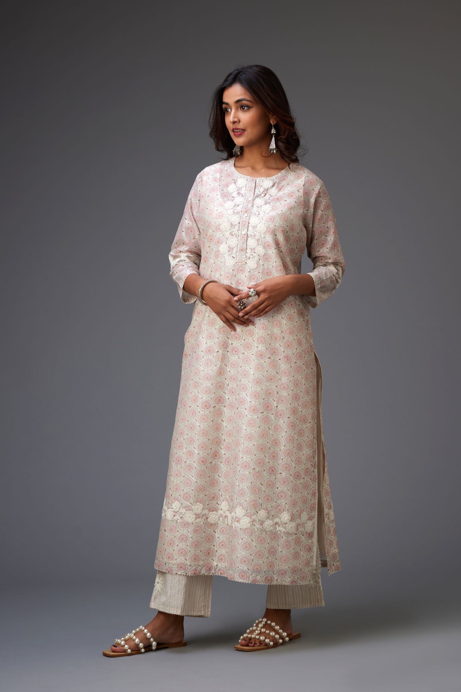 Pink & grey hand block printed straight kurta set with patch embroidery at neck, sleeves and hem, highlighted with ric rac.