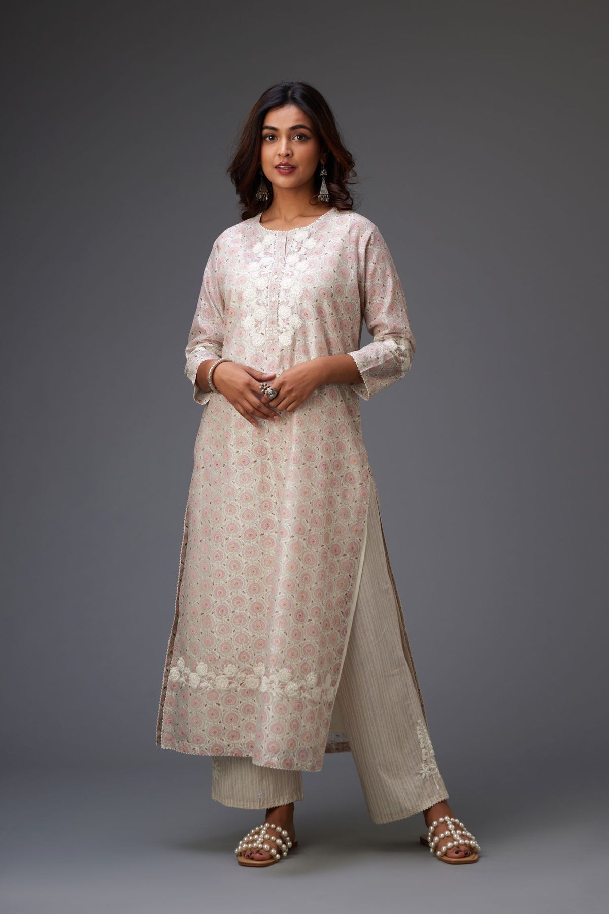 Pink & grey hand block printed straight kurta set with patch embroidery at neck, sleeves and hem, highlighted with ric rac.