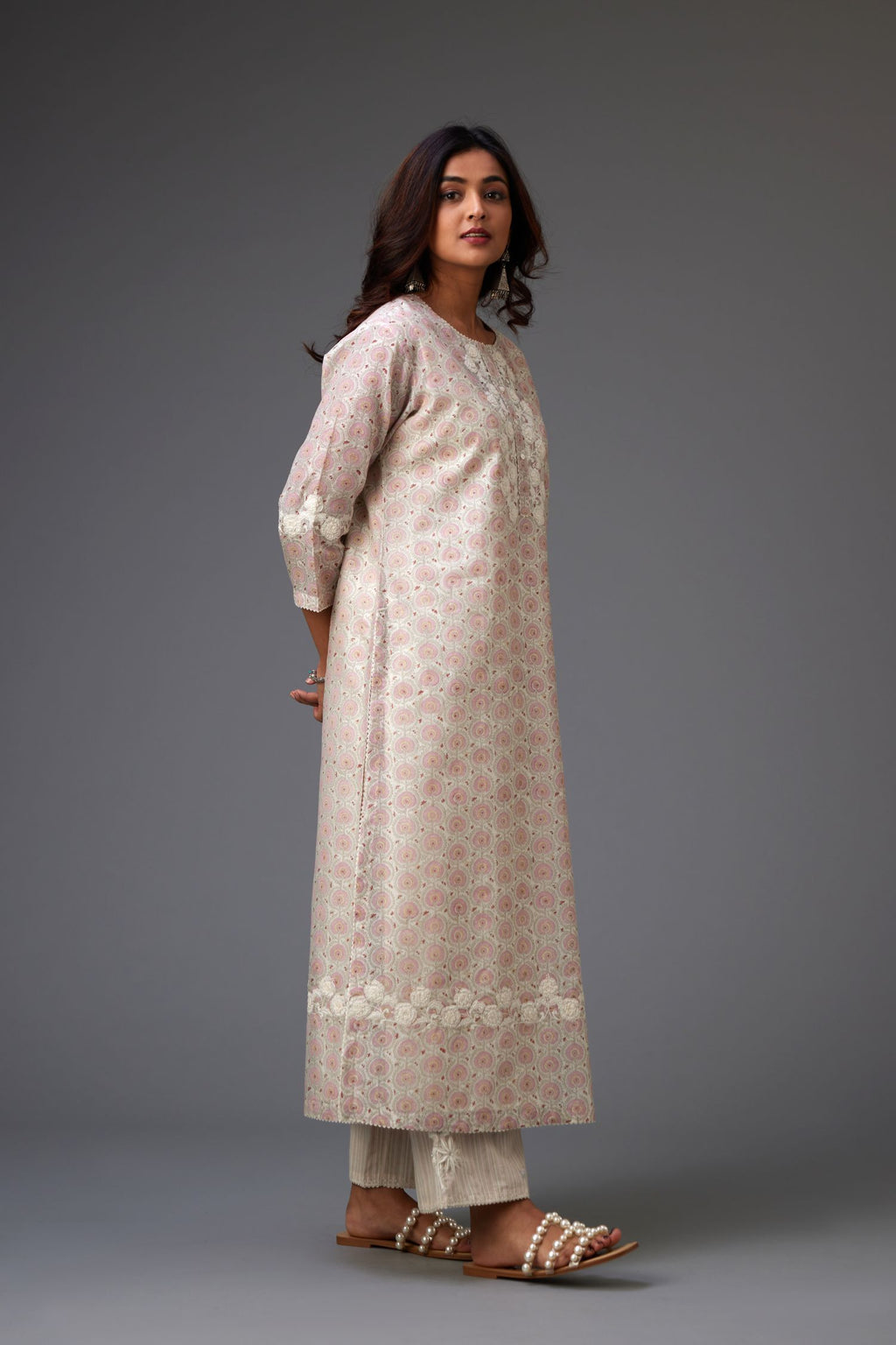 Pink & grey hand block printed straight kurta set with patch embroidery at neck, sleeves and hem, highlighted with ric rac.