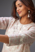 Pink & grey hand block printed straight kurta set with patch embroidery at neck, sleeves and hem, highlighted with ric rac.