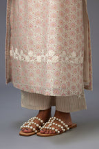 Pink & grey hand block printed straight kurta set with patch embroidery at neck, sleeves and hem, highlighted with ric rac.