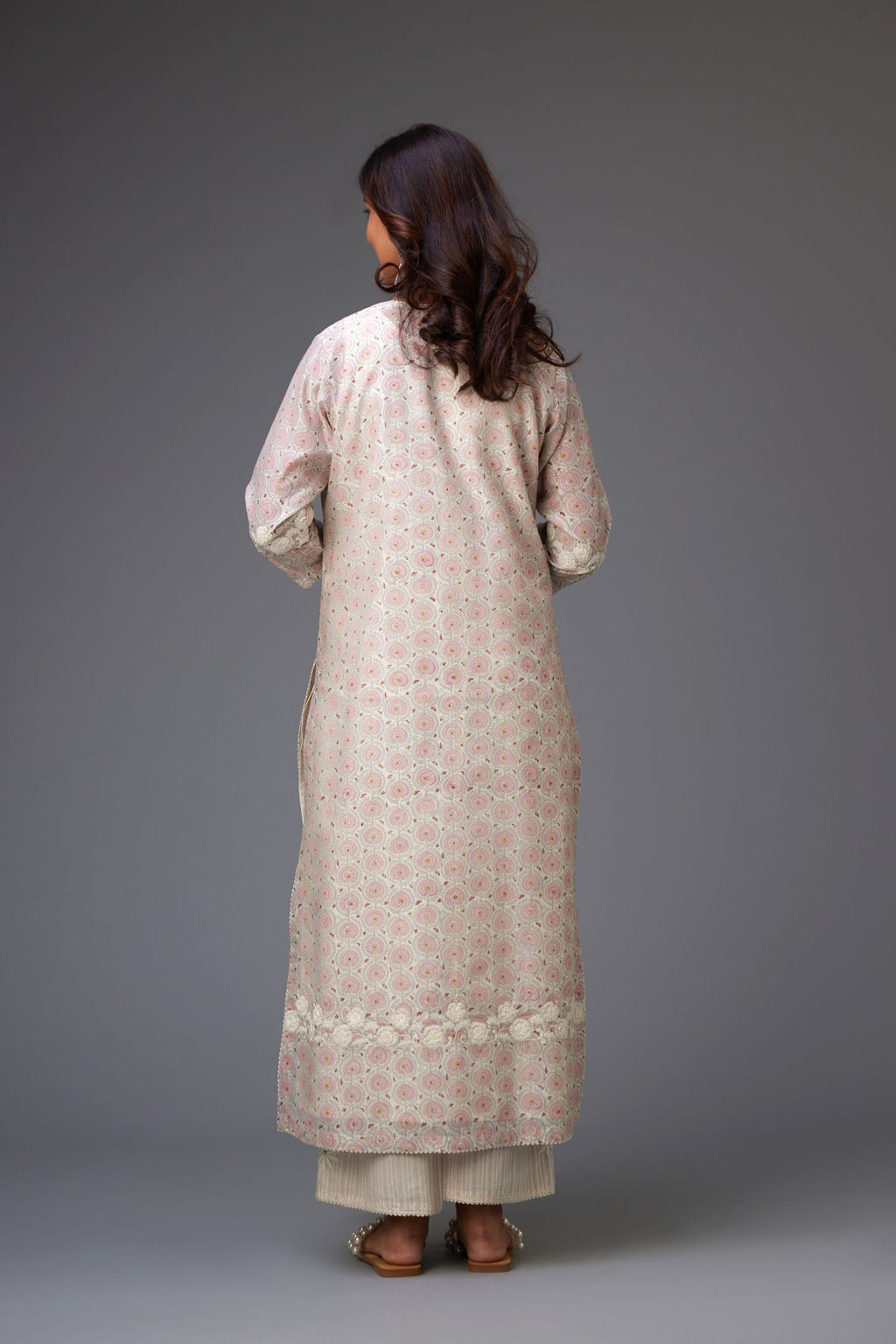 Pink & grey hand block printed straight kurta set with patch embroidery at neck, sleeves and hem, highlighted with ric rac.