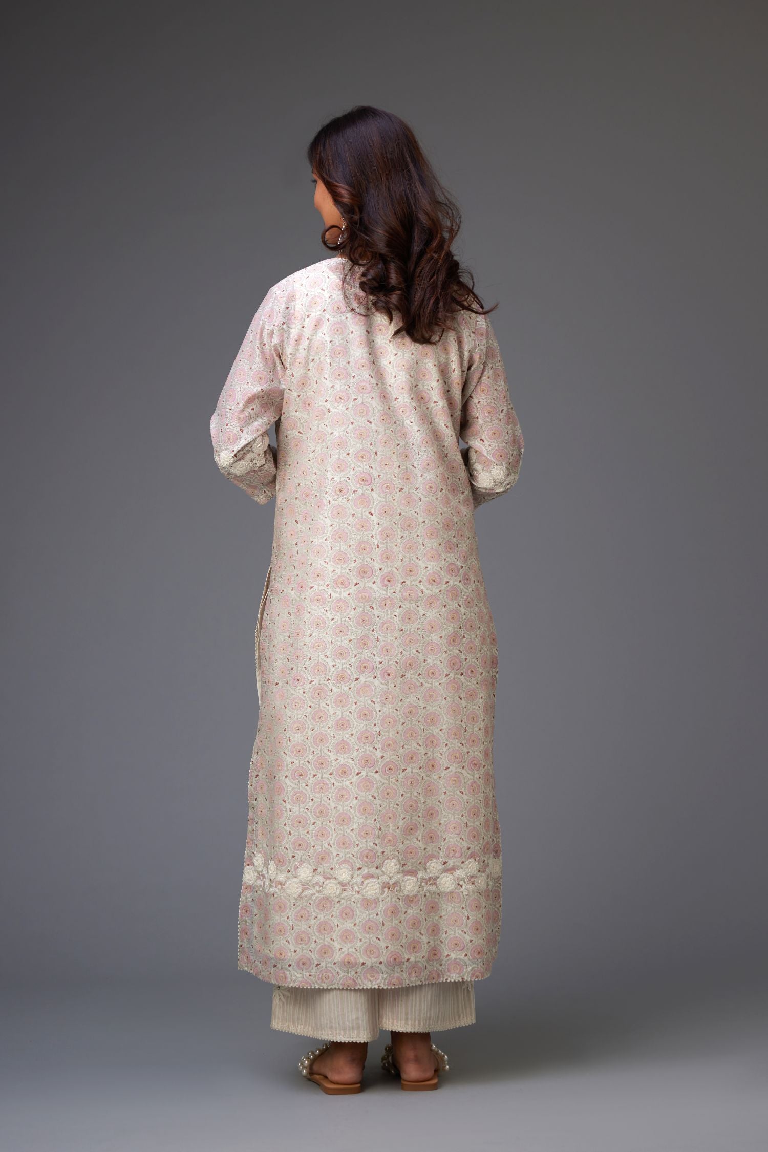 Pink & grey hand block printed straight kurta set with patch embroidery at neck, sleeves and hem, highlighted with ric rac.