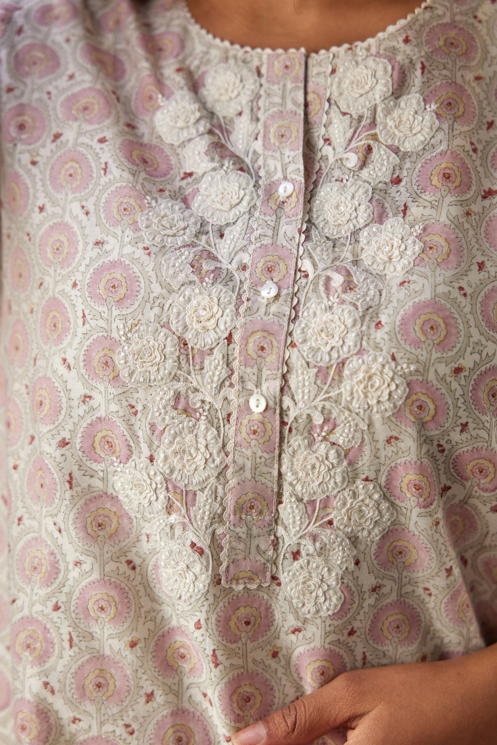 Pink & grey hand block printed straight kurta set with patch embroidery at neck, sleeves and hem, highlighted with ric rac.