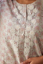 Pink & grey hand block printed straight kurta set with patch embroidery at neck, sleeves and hem, highlighted with ric rac.
