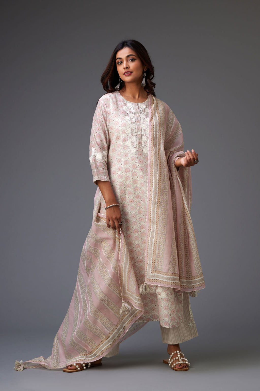 Pink & grey hand block printed straight kurta set with patch embroidery at neck, sleeves and hem, highlighted with ric rac.