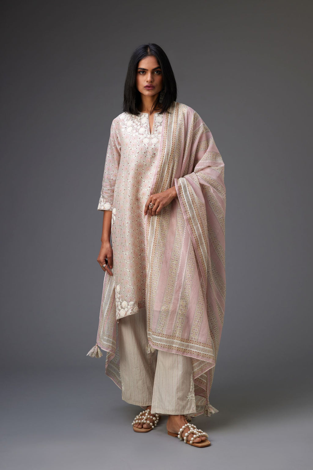 Pink & grey hand block printed Cotton Chanderi dupatta, with embroidery and ric-rac lace.