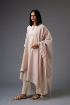 Pink & grey hand block printed Cotton Chanderi dupatta, with embroidery and ric-rac lace.