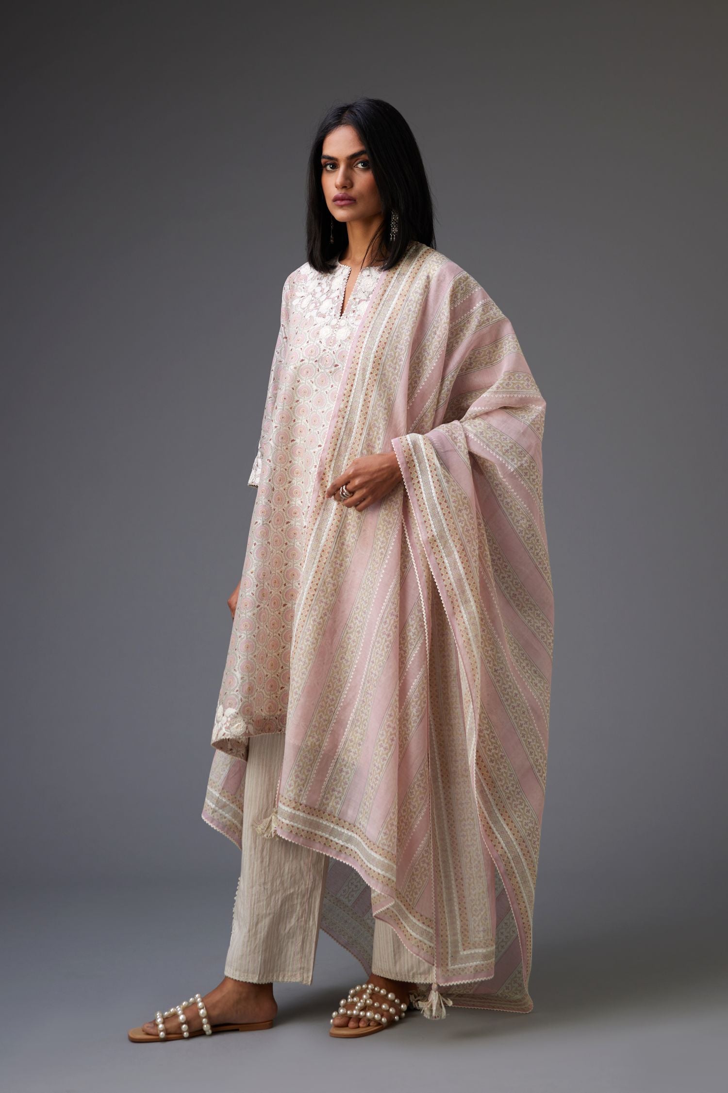 Pink & grey hand block printed Cotton Chanderi dupatta, with embroidery and ric-rac lace.