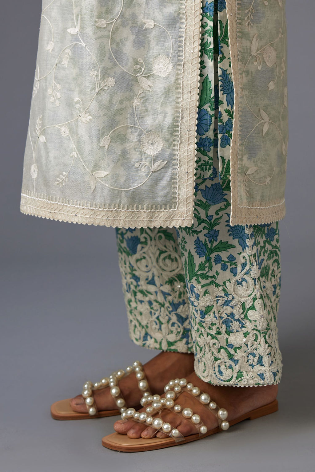 Off white silk chanderi straight kurta set with all-over tonal thread jaal embroidery and bead work at edges