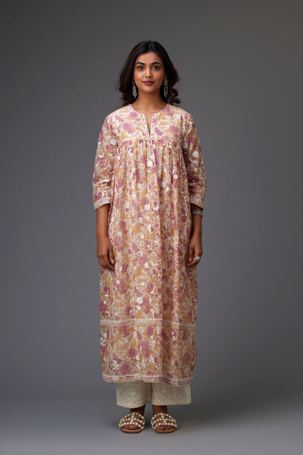 Pink and mustard hand block printed easy fit kurta dress set detailed with all-over floral jaal embroidery