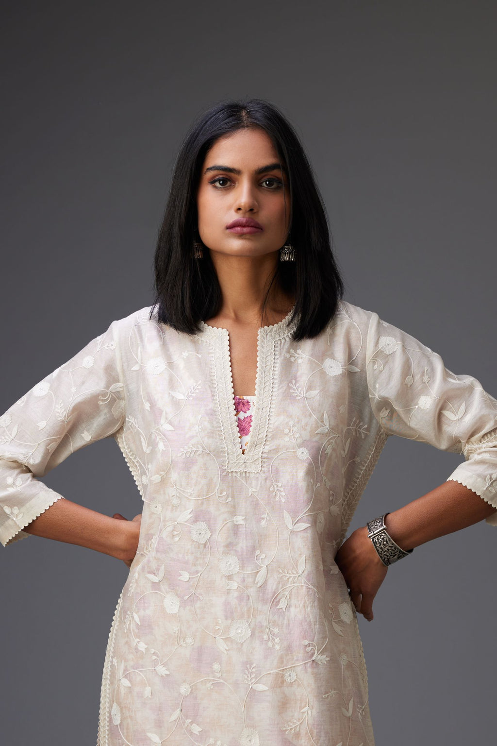 Off white silk chanderi straight kurta set with all-over tonal thread jaal embroidery and bead work at edges
