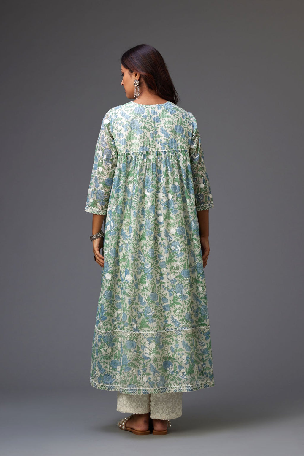 Blue and green hand block printed easy fit kurta dress set detailed with all-over floral jaal embroidery