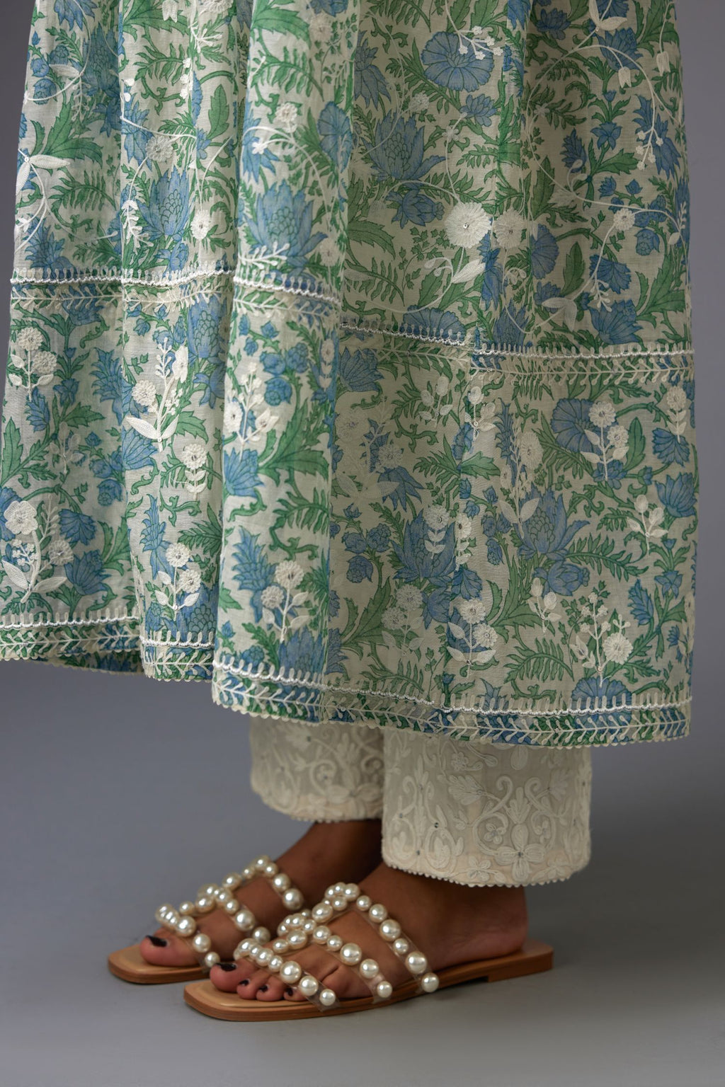 Blue and green hand block printed easy fit kurta dress set detailed with all-over floral jaal embroidery
