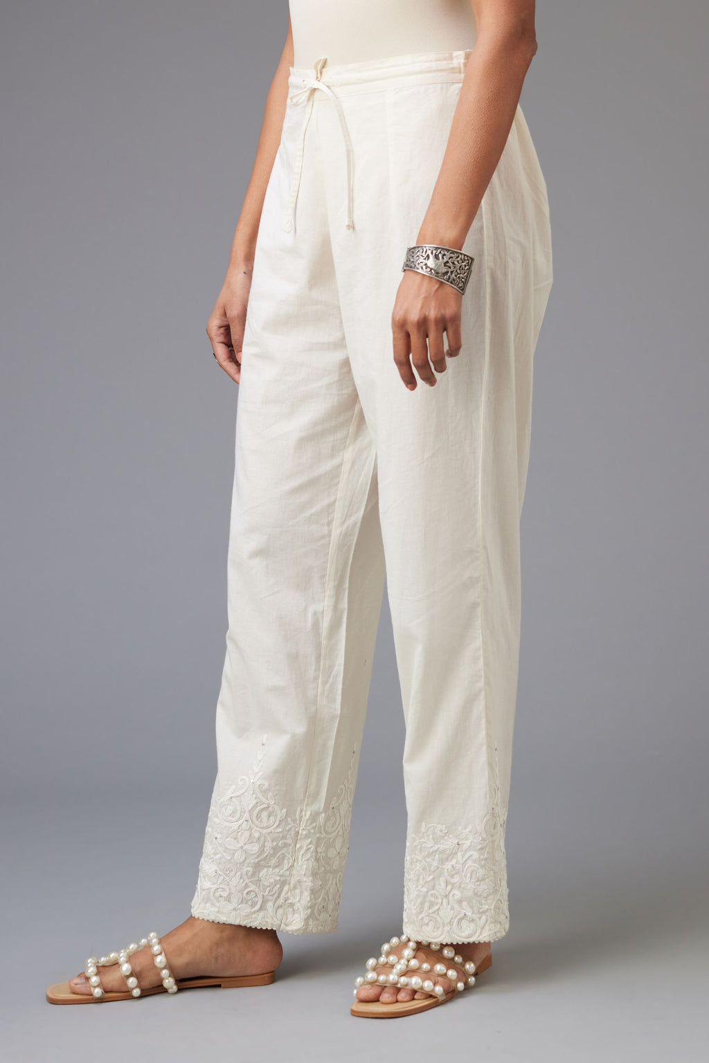 White Solid Artificial Silk Pant